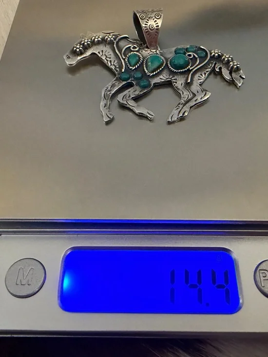 ❤️Kingman Turquoise Sterling Hand Stamped Statement Running Horse Pendant 2.41”W - Picture 9 of 12